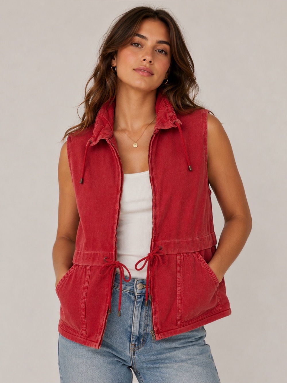 PBJ Draw String Cherry Red Women's Vest Cotton Zip Front size L